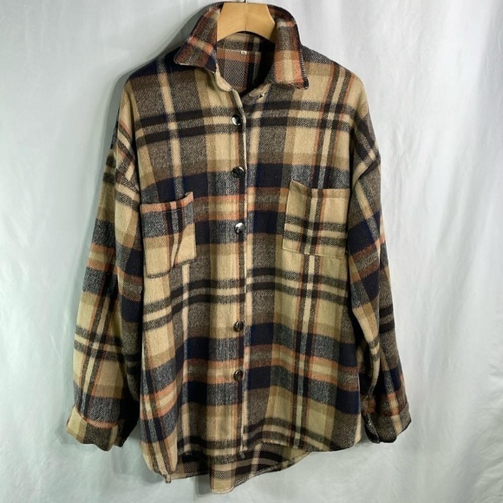 Plaid Shacket navy orange tan